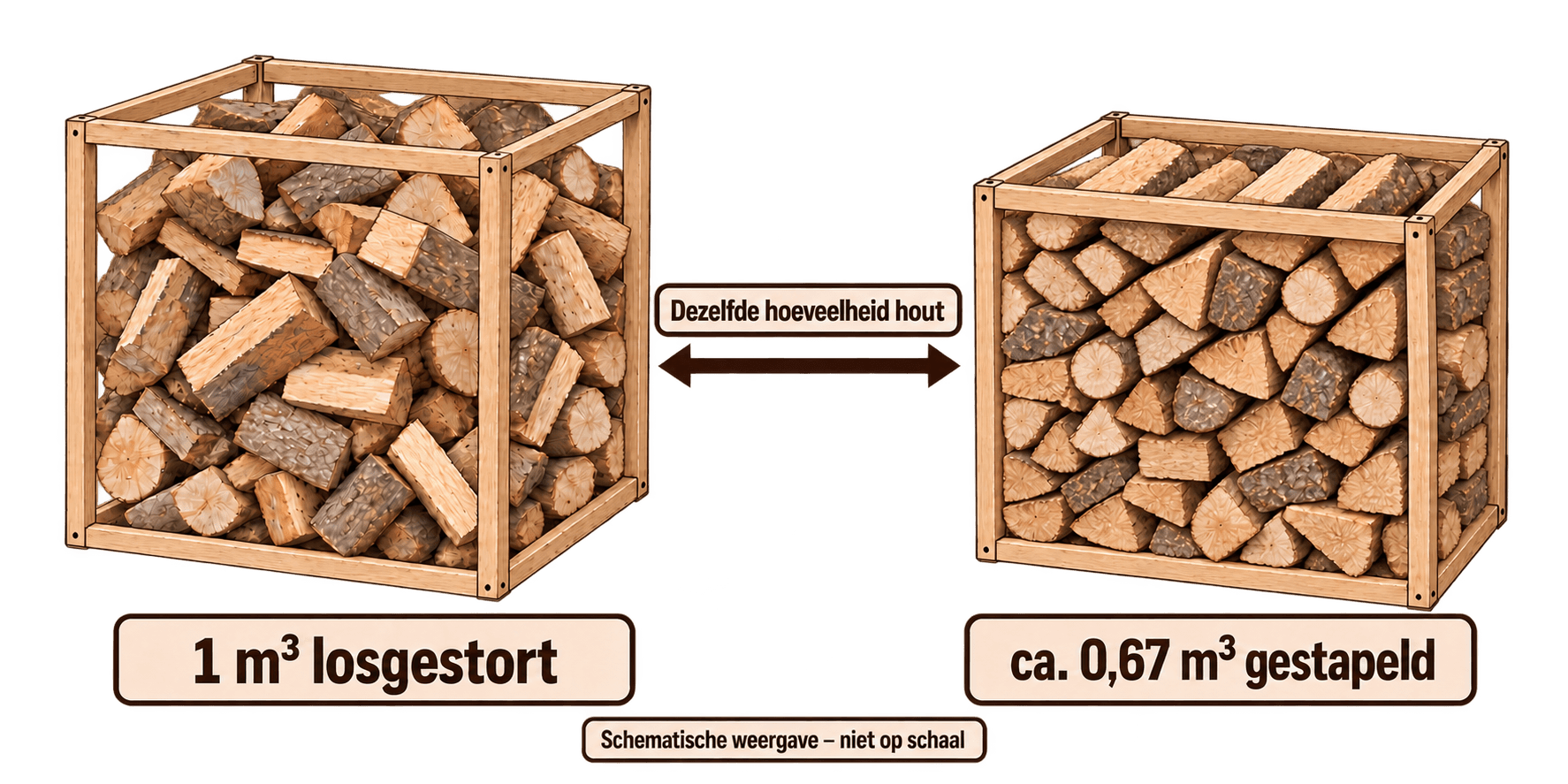 Vergelijking van één kubieke meter losgestort hout met circa 0,67 kubieke meter gestapeld hout